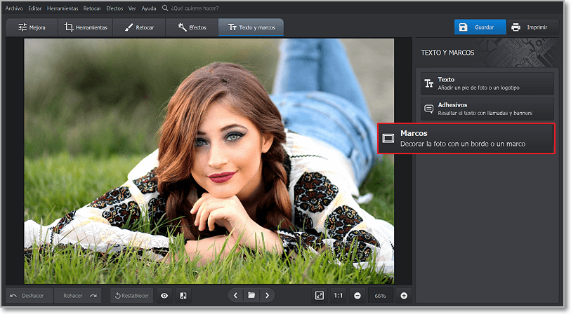 Abre tu foto y elije la opción Marcos