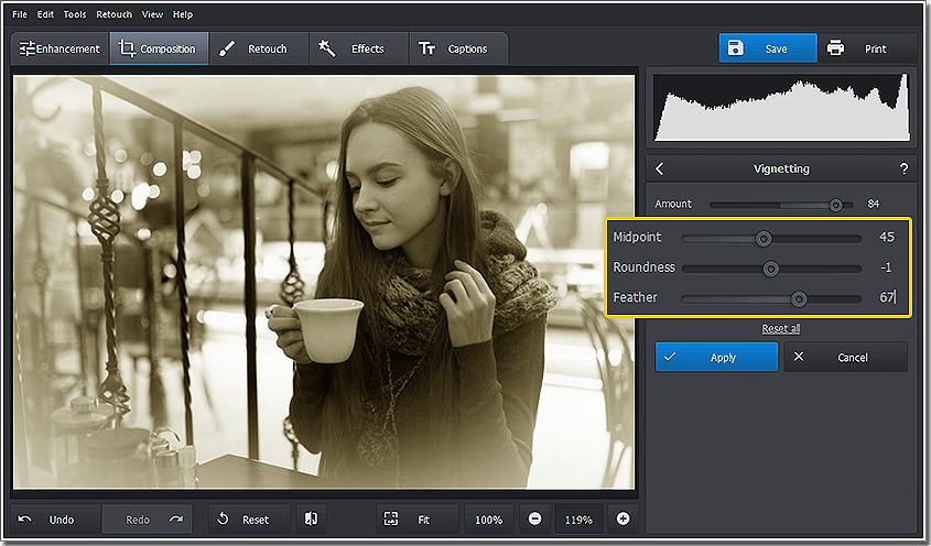 Change the vignette settings