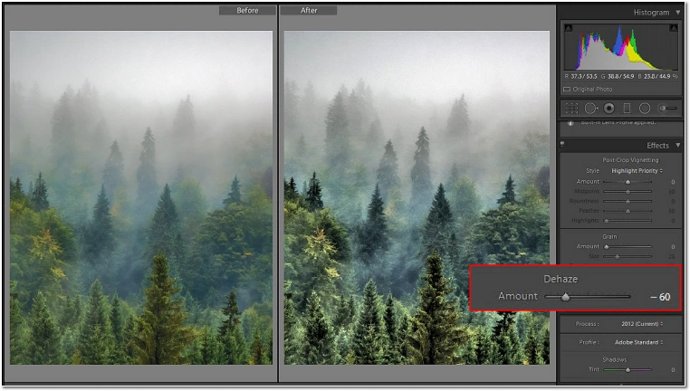 Using Adobe Lightroom to dehaze an image