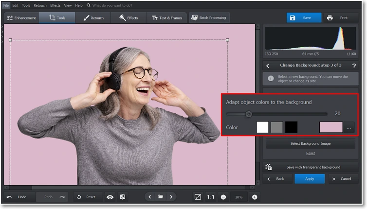 Change your photo background color and adapt the object colors to the background using the slider