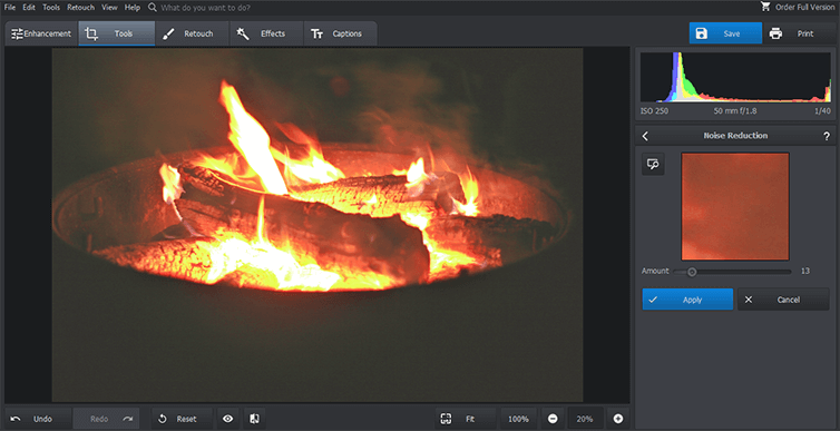 How to reduce noise in fire photo