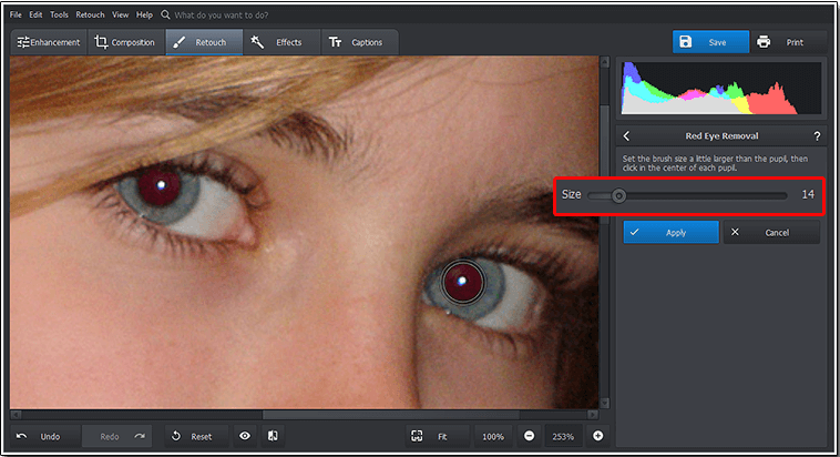 Adjust the settings of Red Eye Removal