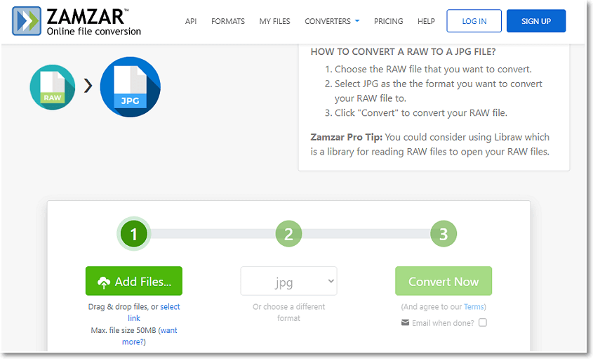 Zamzar file converter interface