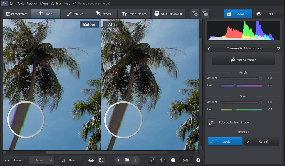 Before and after color fringing correction