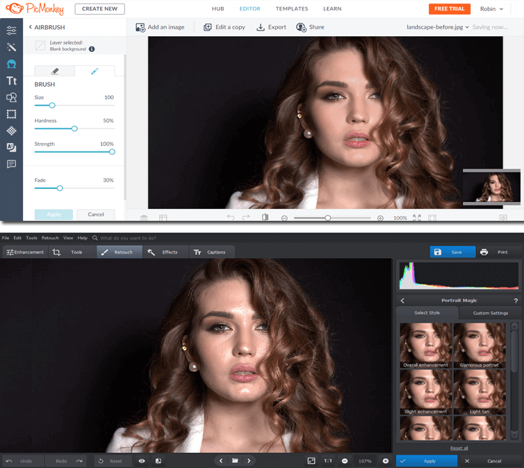 Compare the interface of PhotoWorks and PicMonkey