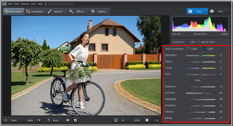Select color and light auto correction of your raw file