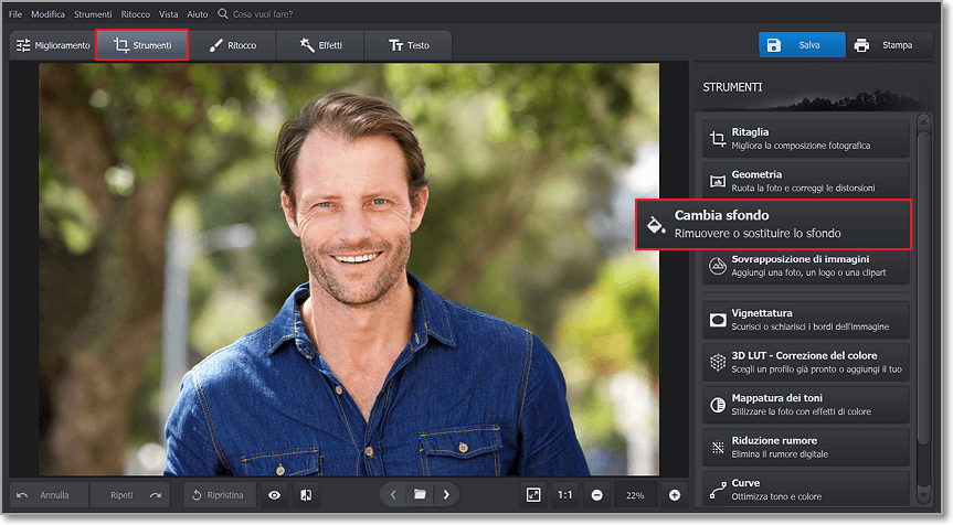 Scegli lo strumento Cambia sfondo per cambiare faccia alle foto