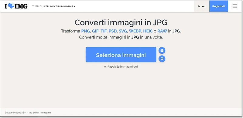 Utilizza il servizio online iLoveIMG per convertire i foto RAW in JPEG