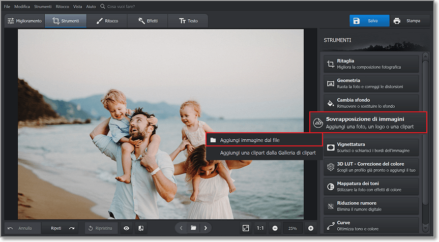 Utilizza l'opzione Sovrapposizione di immagini per mettere logo su foto
